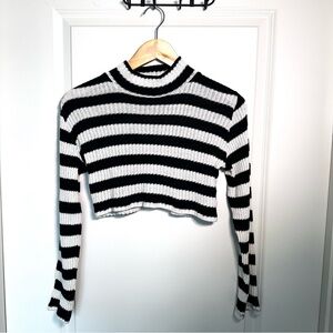 Zara Black and White Striped Crop Top Mock Neck Long Sleeve